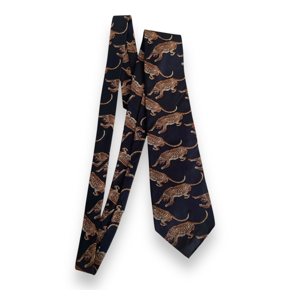 Vintage Polo Ralph Lauren Tie Navy Blue Leopard Animal Print Wide Hand Made USA‎